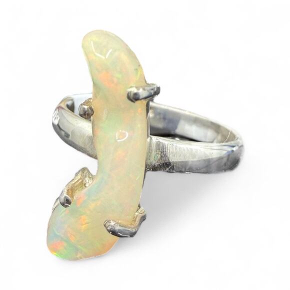 Freeform Ethiopian Opal Ring 925 Sterling Silver Size 7 Handmade - Picture 2 of 5